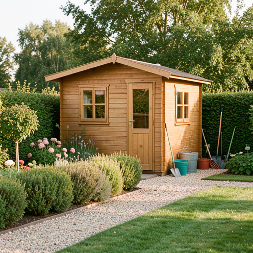 Petit abri de jardin en bois installé sur une parcelle de loisirs paysagée, avec une haie basse, des plantes fleuries et un chemin en gravier.