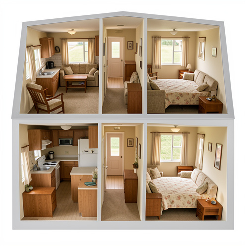 Vue réaliste d’un ancien modèle de mobil-home à deux espaces, présentant son séjour ouvert, sa kitchenette, son couloir et ses chambres dans un agencement visible en coupe.