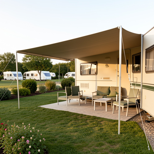 Auvent en toile installé sur une caravane résidentielle, avec ses poteaux de soutien et ses fixations visibles dans un espace extérieur aménagé.
