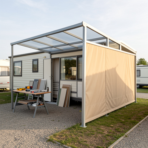 Mobil-home moderne équipé d’un auvent avec structure en aluminium, toiture translucide et panneaux latéraux en toile, accompagné d’outils et d’échantillons de matériaux.