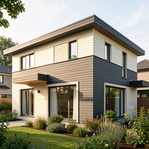 Maison moderne revêtue d’un bardage extérieur imitation bois, présenté dans des teintes gris charbon et crème, avec une pose horizontale soignée et une finition résistante aux intempéries.