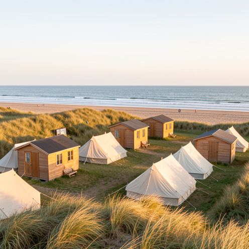 Camping paisible près de Lion-sur-Mer, avec des tentes et des chalets entourés d’herbes de plage face au littoral de la Côte de Nacre.
