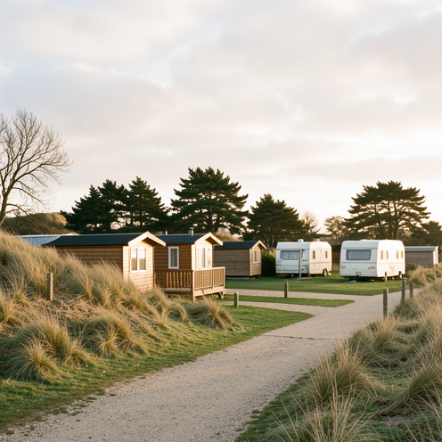 Camping accueillant ouvert toute l’année sur la côte normande, avec chalets en bois, caravanes, arbres persistants et dunes sous une douce lumière hivernale.