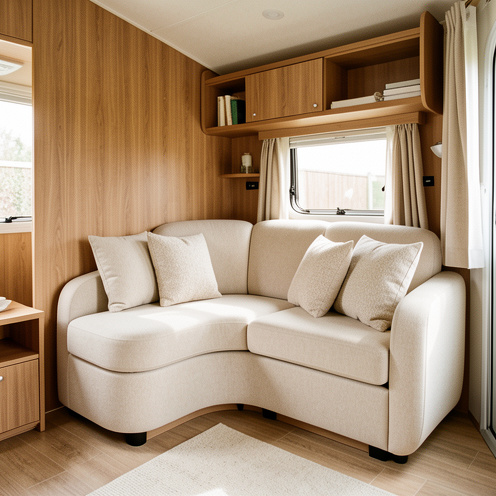 Canapé compact aux formes arrondies dans un salon lumineux de mobil-home aux boiseries chaleureuses.