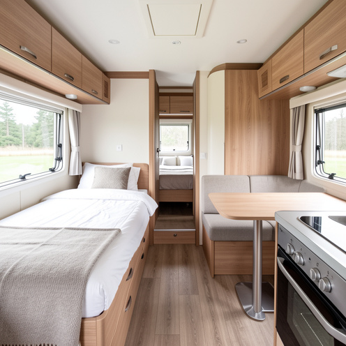 Intérieur lumineux d’une caravane quatre places présentant un agencement fonctionnel avec espace nuit, coin repas, kitchenette et rangements.