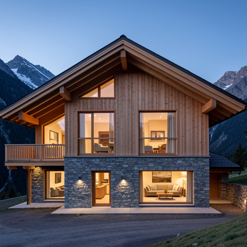 Chalet alpin élégant en bois et pierre, avec une architecture contemporaine, de grandes fenêtres et un agencement intérieur chaleureusement éclairé.