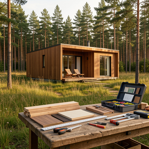 Petit chalet de loisirs en bois dans un environnement naturel, accompagné d’échantillons de matériaux et d’outils d’installation sur un établi.