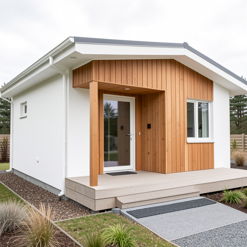 Chalet moderne en PVC avec rampe d’accès douce, entrée large et terrasse de plain-pied facilitant l’adaptation aux personnes à mobilité réduite.