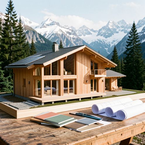 Chalet en bois sur mesure dans un paysage alpin, accompagné d’une maquette et d’échantillons de matériaux sur une table de travail.