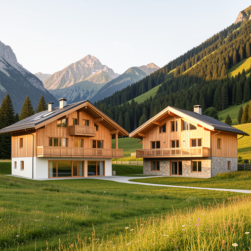 Deux chalets en bois de style alpin contemporain, présentant des formes de toiture et des ouvertures différentes dans un paysage de montagne.