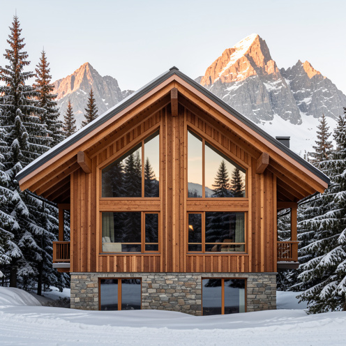 Lodge alpin contemporain avec bardage extérieur en bois naturel, grandes baies vitrées, soubassement en pierre et montagnes enneigées en arrière-plan.