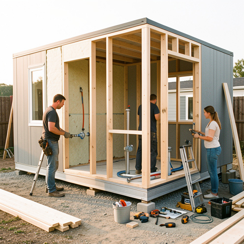Mobil-home en construction avec une ossature en bois, des panneaux isolants, des éléments de plomberie et des outils disposés dans un espace de travail extérieur.