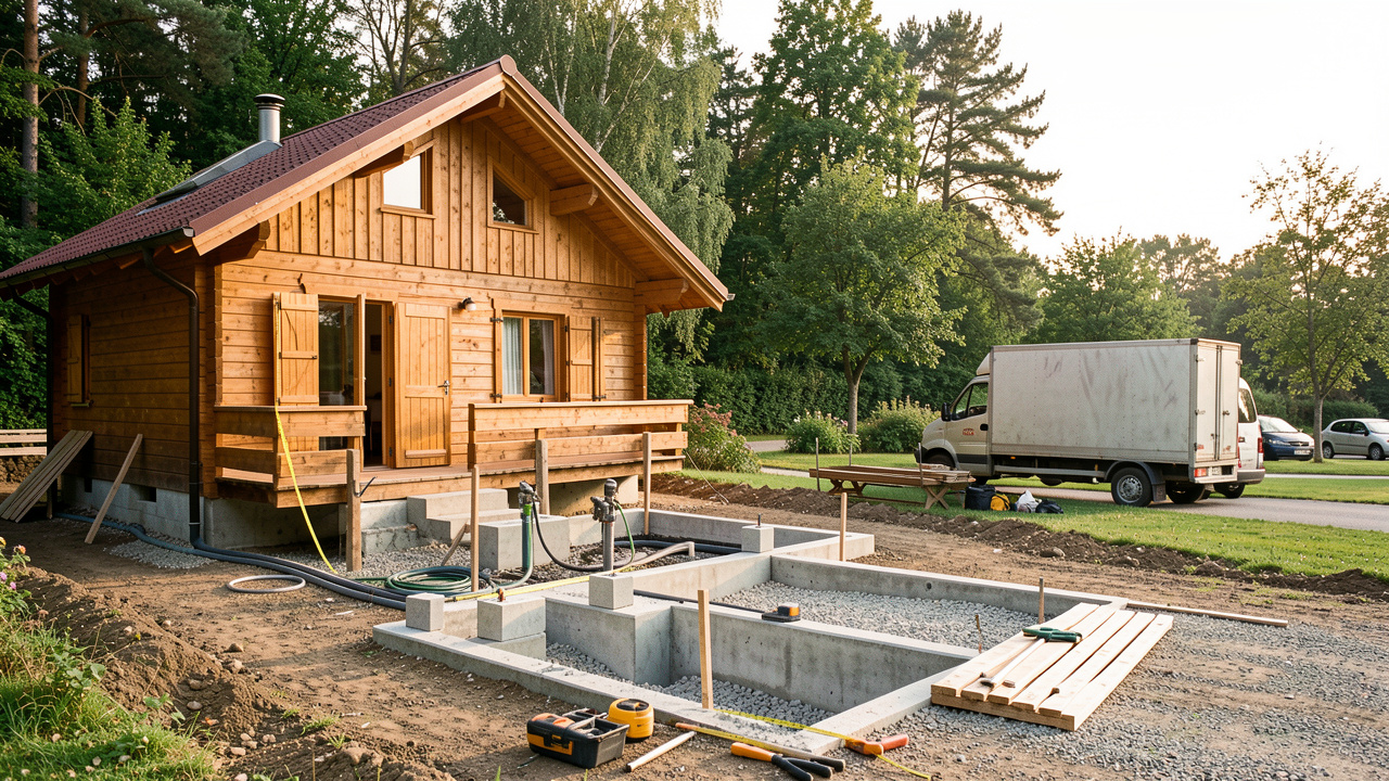 Chalet en bois d’occasion installé près d’un emplacement aménagé dans un parc résidentiel de loisirs, avec des outils, des plots de fondation et des raccordements visibles.