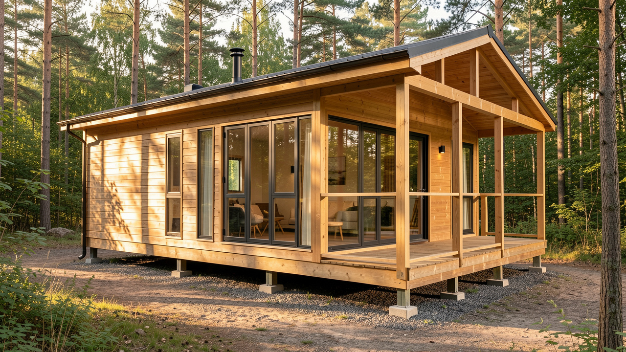 Mobil-home en bois moderne présentant une construction robuste, de grandes fenêtres, une terrasse couverte et des finitions durables dans un environnement boisé.