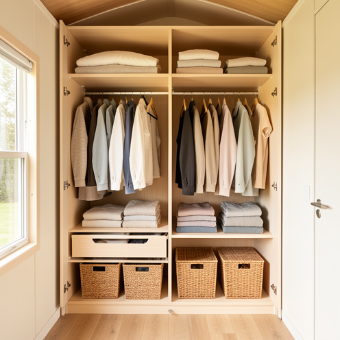 Dressing compact et bien organisé pour deux personnes dans un mobil-home lumineux, avec penderies, étagères, tiroirs et paniers de rangement.