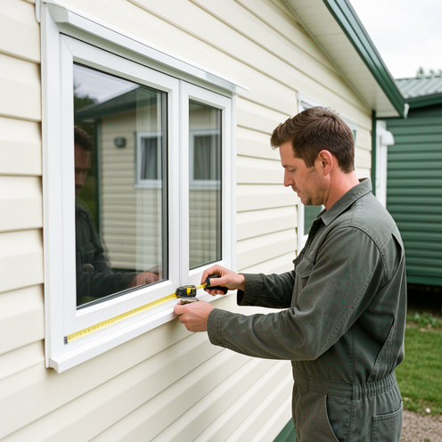 Fenêtre en PVC mesurée et remplacée sur la paroi d’un mobil-home par un technicien équipé d’outils.