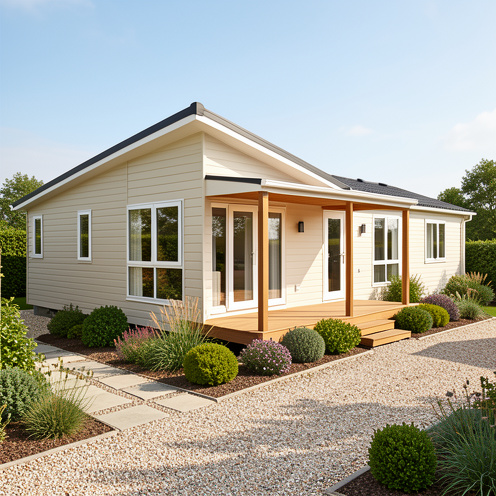 Grand mobil-home neuf de quatre chambres, avec terrasse couverte, grandes fenêtres et jardin paysager.