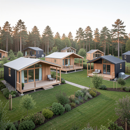 Vue extérieure de plusieurs lodges modernes aux styles variés, avec bardages en bois et anthracite, grandes fenêtres et terrasses aménagées dans un parc paysager.