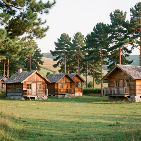 Ensemble de vieux chalets en bois et d'habitats de loisirs installés dans une clairière entourée de pins, dans un paysage rural paisible.