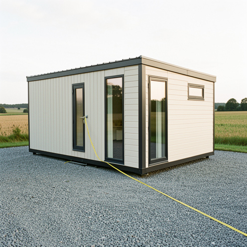 Habitat mobile moderne mesuré dans sa longueur avec un long mètre ruban jaune, installé sur une allée gravillonnée en milieu rural.