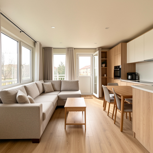 Intérieur lumineux d’un mobil-home moderne à Ankara, avec séjour ouvert, coin repas, kitchenette contemporaine et rangements intégrés.