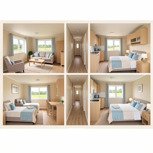 Intérieur d’un mobil-home Bermudes Trio montrant le séjour, la cuisine et les espaces de couchage dans une vue aménagée et lumineuse.