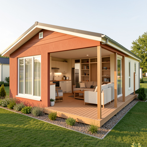 Mobil-home de style bordelais avec terrasse couverte, grandes fenêtres et aperçu des équipements intérieurs dans un parc paysager.