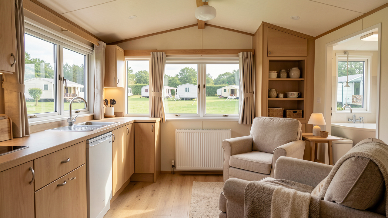 Intérieur lumineux d’un mobil-home de style anglais équipé pour un séjour confortable toute l’année, avec chauffage, fenêtres à double vitrage, cuisine moderne et rangements pratiques.