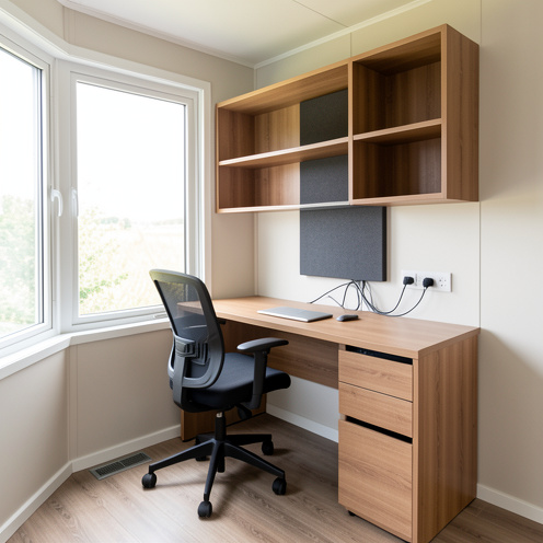 Intérieur lumineux d’un mobil-home aménagé en bureau professionnel avec mobilier fonctionnel, rangements et espace de travail organisé.