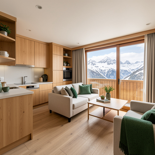 Intérieur moderne et chaleureux d’un mobil-home alpin à Chamonix, avec cuisine compacte, espace de vie ouvert, rangements intégrés et vue panoramique sur les montagnes enneigées.