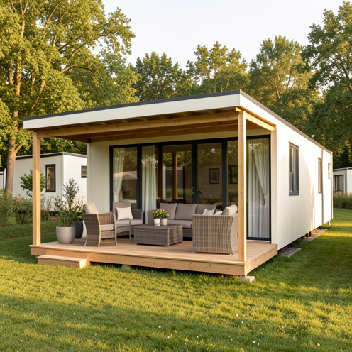Mobil-home moderne avec terrasse couverte, grandes fenêtres et équipements extérieurs dans un parc de vacances arboré.