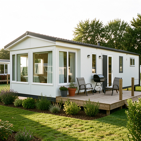 Mobil-home moderne aménagé avec terrasse, équipements extérieurs et environnement paysager dans un parc résidentiel.