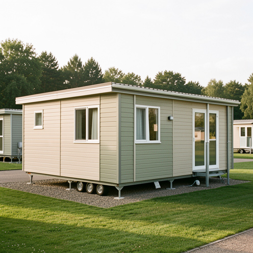 Vue réaliste de mobil-homes modernes dans un parc paysager, mettant en évidence leurs éléments extérieurs et points de contrôle.