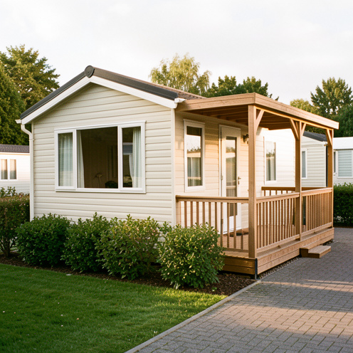 Mobil-home d’occasion bien entretenu avec terrasse couverte, grandes fenêtres et espace extérieur aménagé dans un camping.