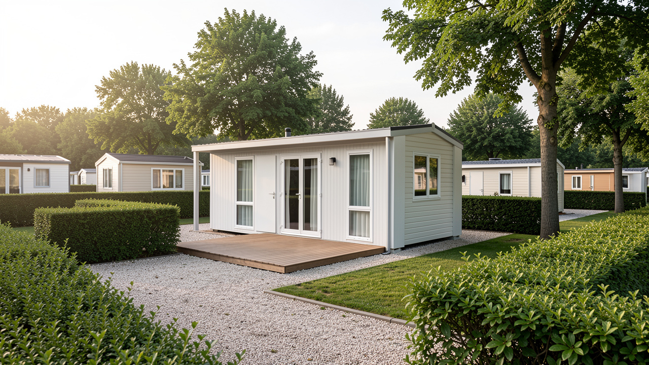 Mobil-home installé sur une parcelle paysagée dans un parc résidentiel de loisirs, entouré de haies et d’arbres.
