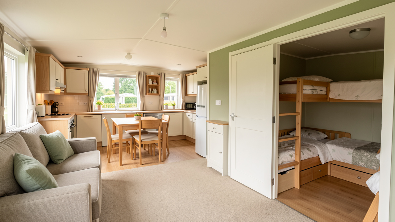 Intérieur lumineux d’un grand mobil-home familial avec cuisine ouverte, espace repas, salon confortable, rangements pratiques et chambre d’enfants avec lits superposés.