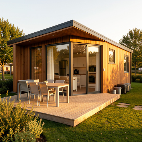 Mobil-home moderne avec bardage effet bois, terrasse, grandes baies vitrées et équipements extérieurs dans un parc paysager.