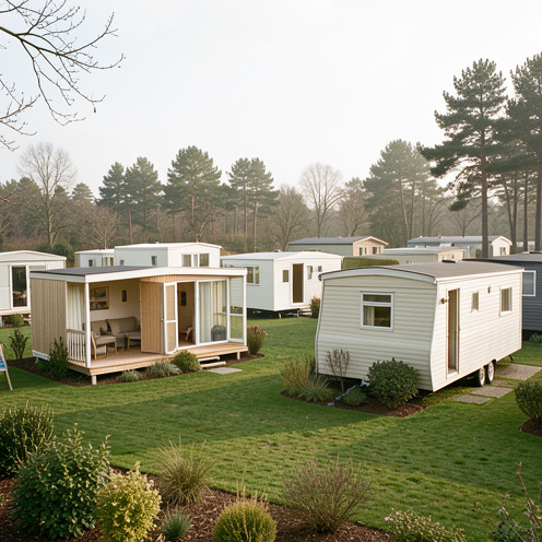 Plusieurs mobil-homes modernes de tailles variées présentés dans un parc paysager, avec terrasses couvertes et un modèle d’occasion à côté d’unités plus récentes.