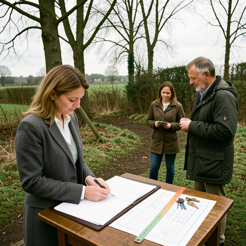 Une notaire examine des documents vierges et les limites d’un terrain boisé de loisirs près de Gavray, en Normandie, avec deux acquéreurs.