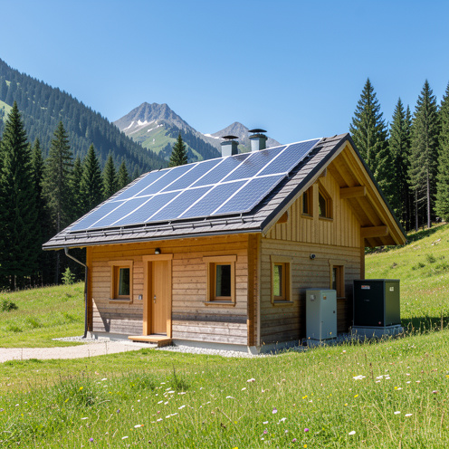 Chalet en bois équipé de panneaux solaires sur son toit, entouré d’une prairie alpine et de sapins.