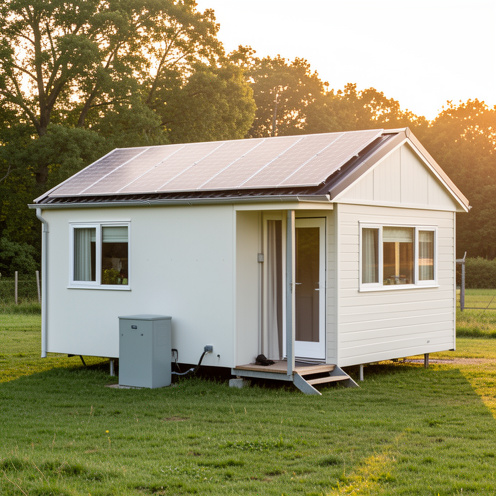 Mobil-home moderne équipé de panneaux solaires sur le toit et d’un boîtier de batterie extérieur, dans un cadre naturel ensoleillé.