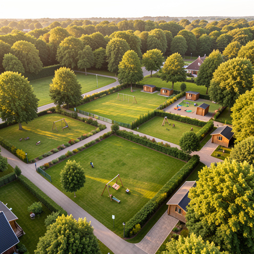 Vue aérienne d’un parc résidentiel de loisirs avec des terrains délimités, des chalets en bois, des allées paysagées et des arbres matures.