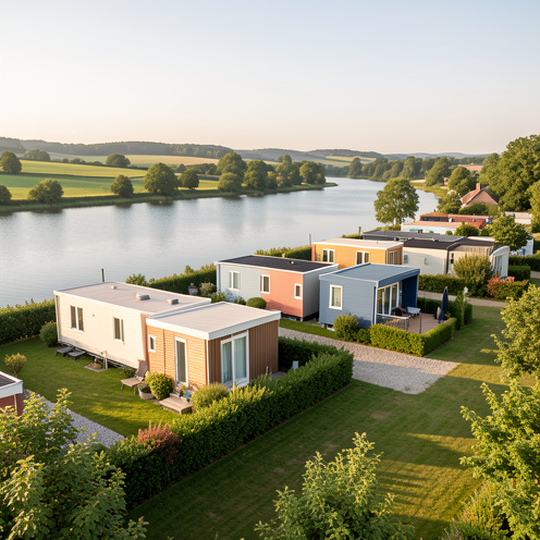 Rangée de mobil-homes modernes aux styles variés dans un camping paysager au bord d’un lac, entouré de verdure.