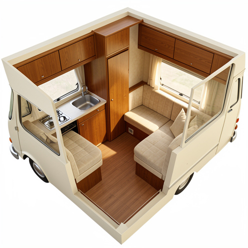 Vue détaillée de l’intérieur d’un ancien modèle de camping-car compact, avec son agencement, sa kitchenette, ses rangements en bois, ses banquettes et son espace de couchage.