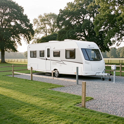 Caravane blanche installée sur un terrain entretenu à la campagne, avec accès gravillonné, clôture en bois et arbres matures.