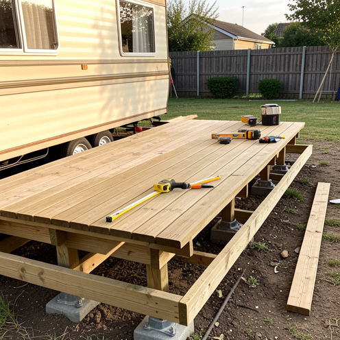 Terrasse en bois installée devant un mobil-home d’occasion, avec des éléments de structure et des outils de vérification visibles.