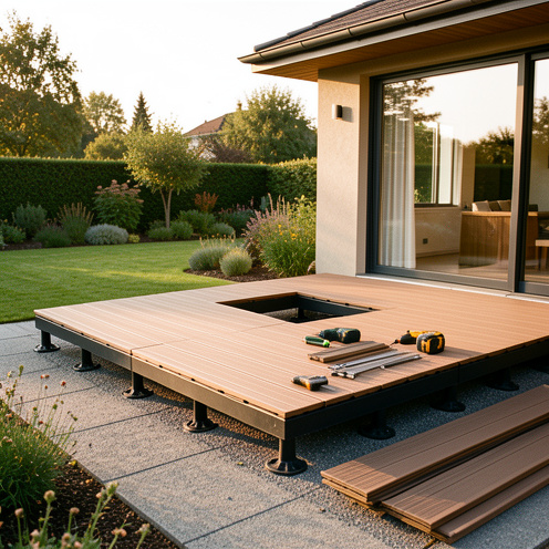 Système de terrasse modulaire avec lames, supports réglables, panneaux de remplacement et outils d’assemblage près d’une maison contemporaine.