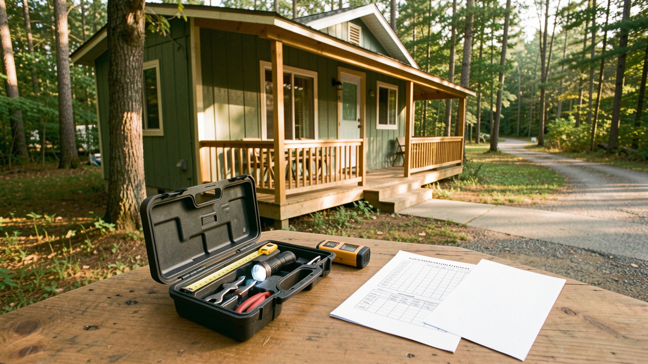 Chalet d’occasion installé dans un camping, entouré d’outils et d’accessoires évoquant une inspection avant achat.