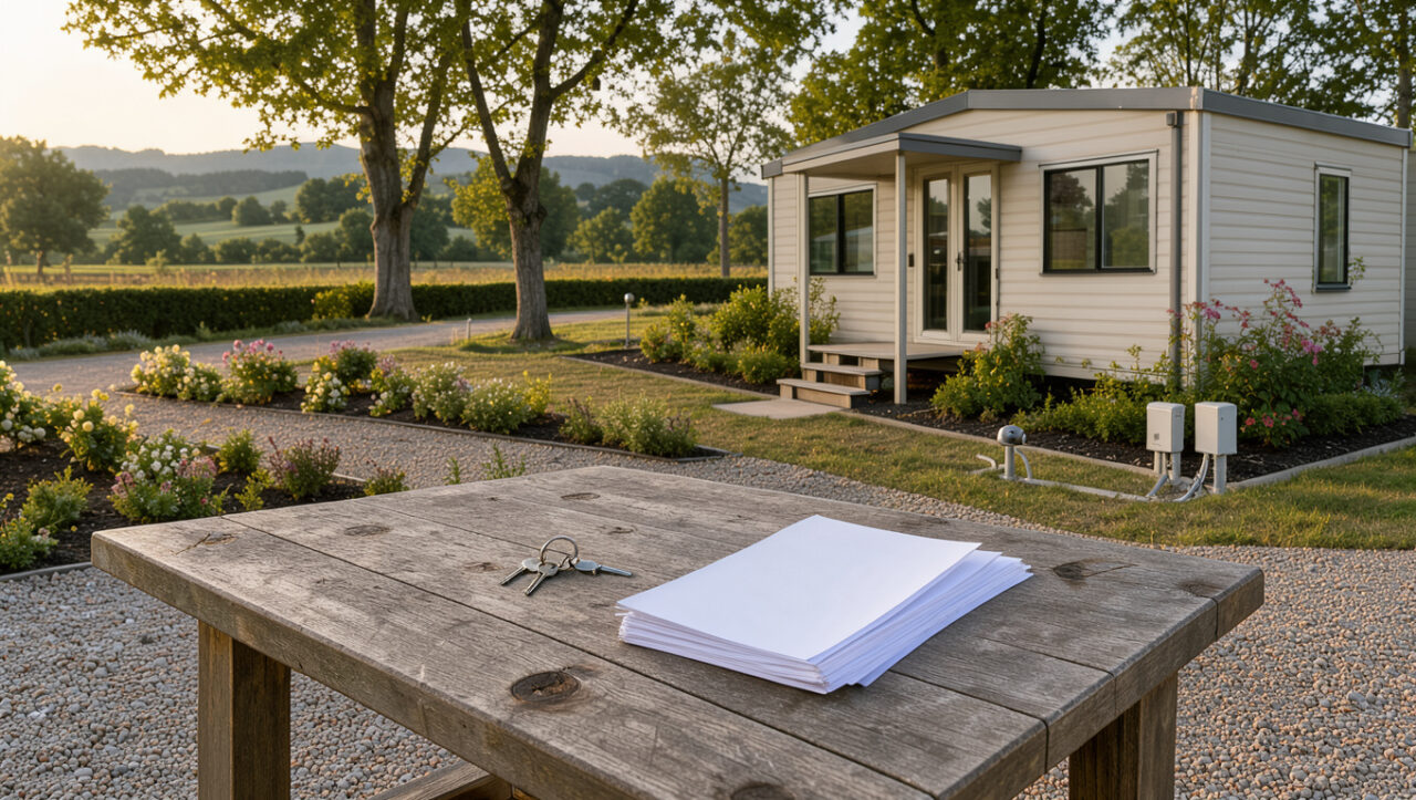 Mobil-home moderne installé sur un emplacement paysager dans un camping français, avec des clés et des documents vierges posés sur une table extérieure.