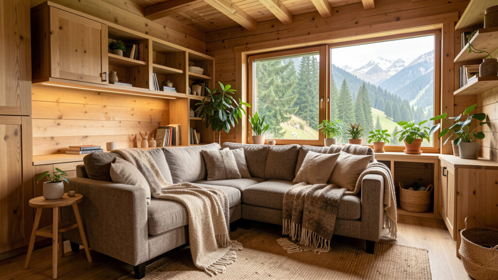 Intérieur chaleureux et durable d’un chalet aménagé en espace de loisirs, avec mobilier en bois, canapé confortable, textiles naturels et vue sur une forêt alpine.
